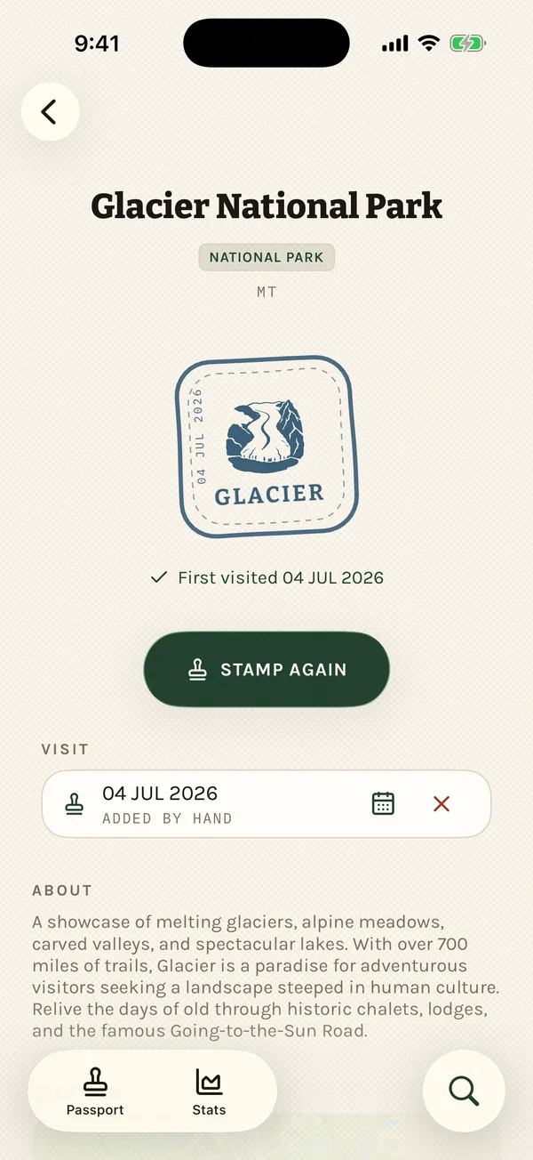 Glacier National Park in the Parks Passport app